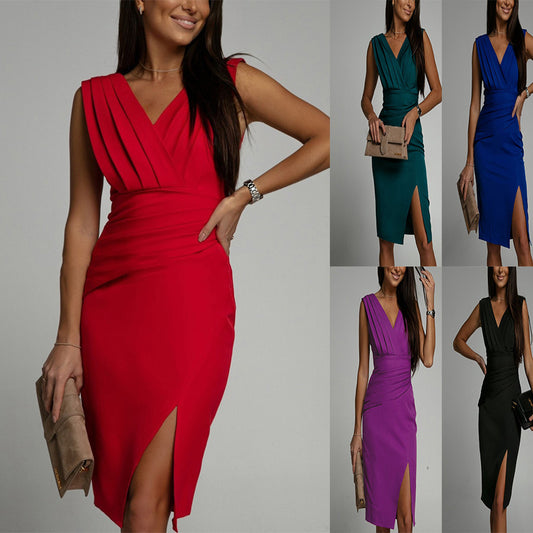 Robe d'été taille haute fendue sans manches à col en V